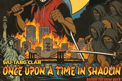 Artwork di Once Upon a Time in Shaolin dei Wu-Tang Clan: un ninja mascherato davanti a una New York in fiamme