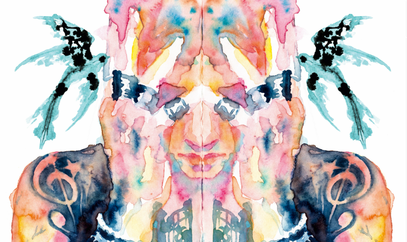 Artwork di Cura di Tony Boy: volto simmetrico ad acquerello con rondini e chiavi di violino